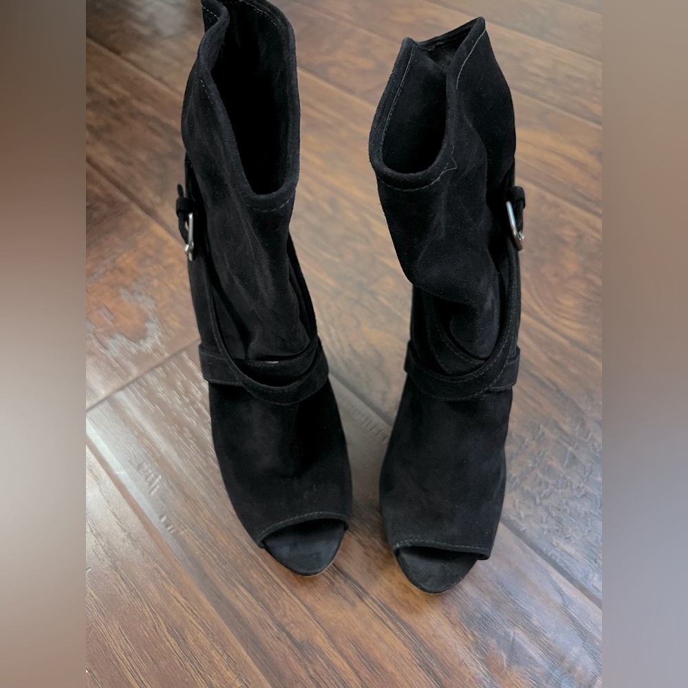 Prada suede black peep toe bootie size 38.5 us size 8.5
